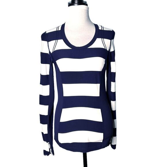 Lululemon Switch Back Long Sleeve Wide Bold Stripe White Deep Indigo Size 6 - Picture 2 of 14